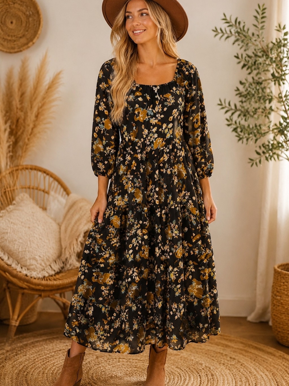Polagram Brown Maxi Dress with Mustard Floral Print